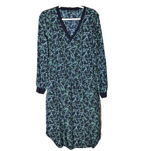 Lauren Ralph Lauren Dress Sz 12 Navy Blue Print Floral Long Slv Drawstring V-Nec